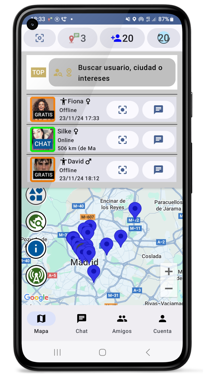 Mapa y menú superior con usuarios cercanos